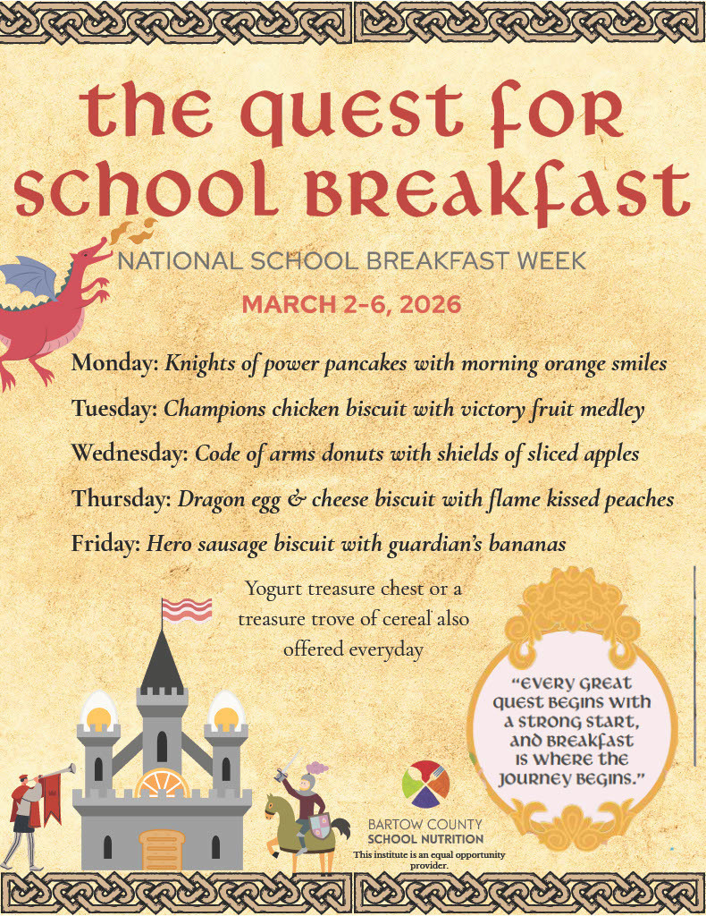 A fun menu for National School Breakfast Week Midieval themed.