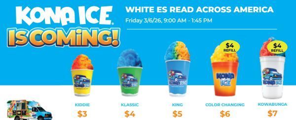 Advertisement for Kona Ice with colorful drink cups. Price listed under each cup. A truck in the bottom left.