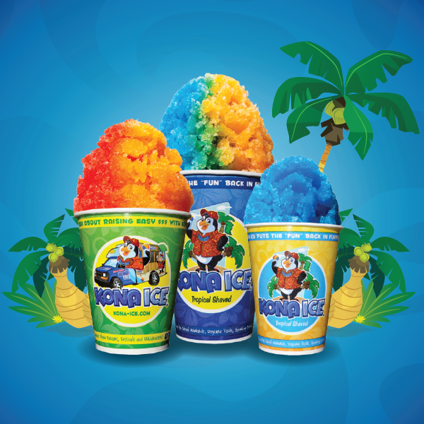 Three ice cream cups with different flavors, surrounded by palm trees and bananas. One has a vehicle design.
