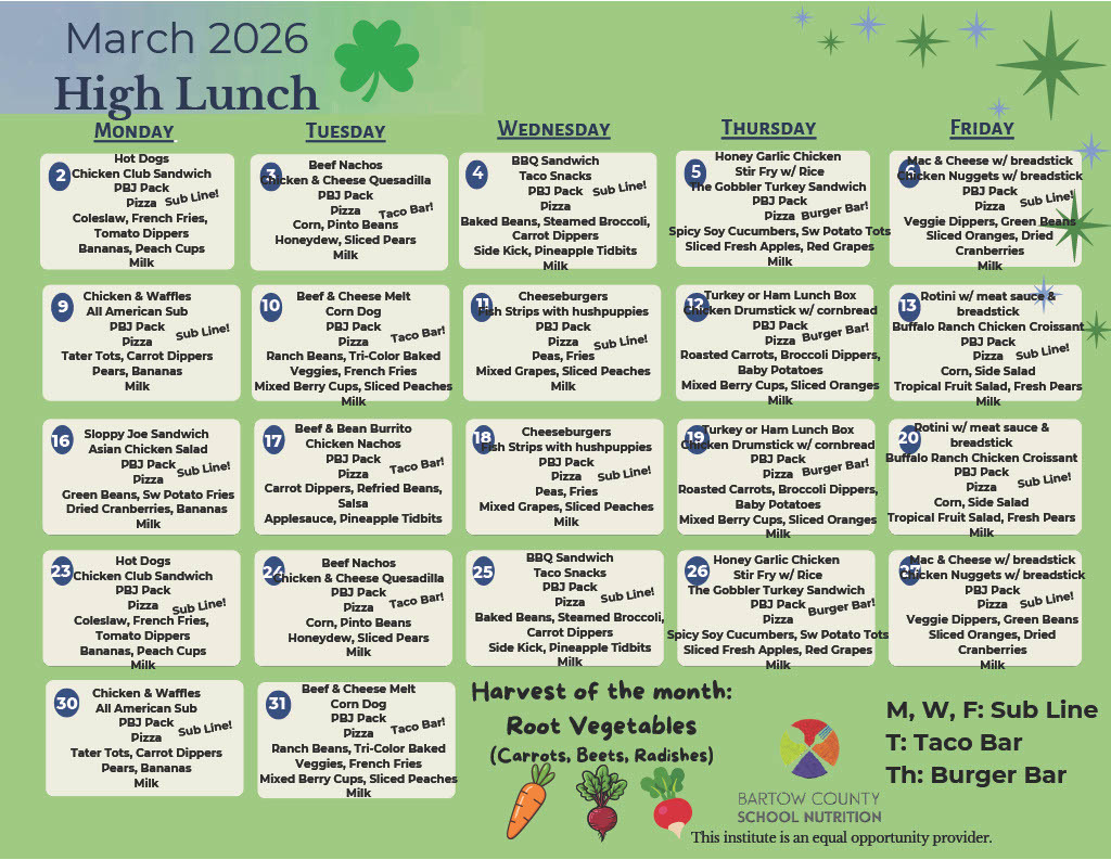 Attached is the lunch menu for March at AHS