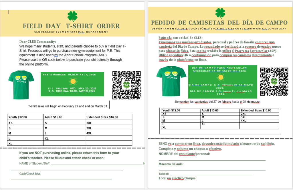Double-sided form for ordering Field Day T-shirts. Left side has English text; right side has Spanish text. QR codes and T-shirt images.