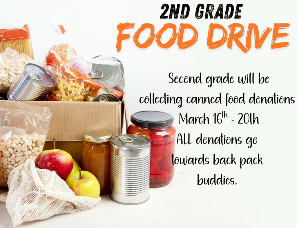 Second grade is exploring the essential question "How does food nourish us?” They have planned a canned food drive. Students will learn about why canned foods are the best food to donate, and how a food drive helps our community. All donations will go to our Backpack Buddies program. Drive runs March 16-20.