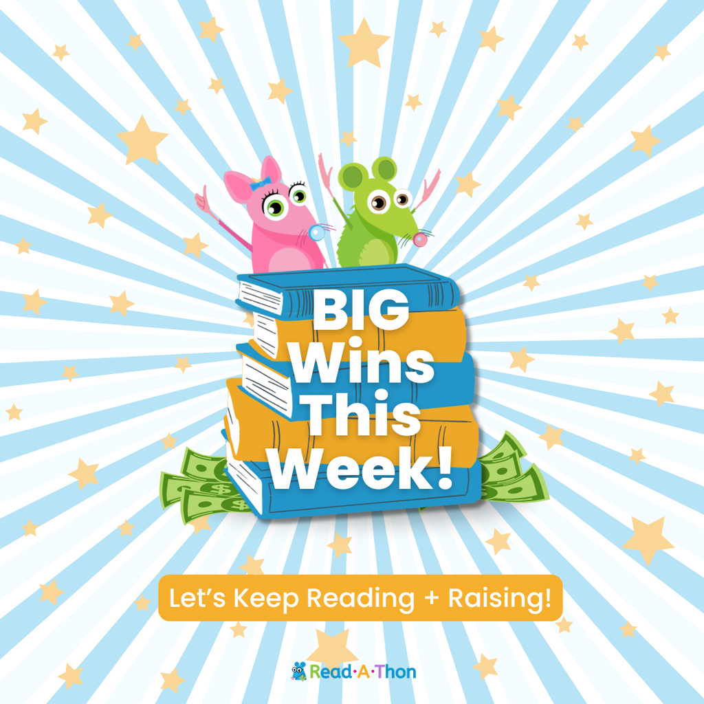 Two cartoon animals sit atop a stack of books. Text reads "BIG Wins This Week!" with a background of stars.