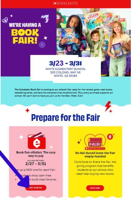 An advertisement displays children holding books. The title reads "We're Having a Book Fair!" The dates and location are listed.