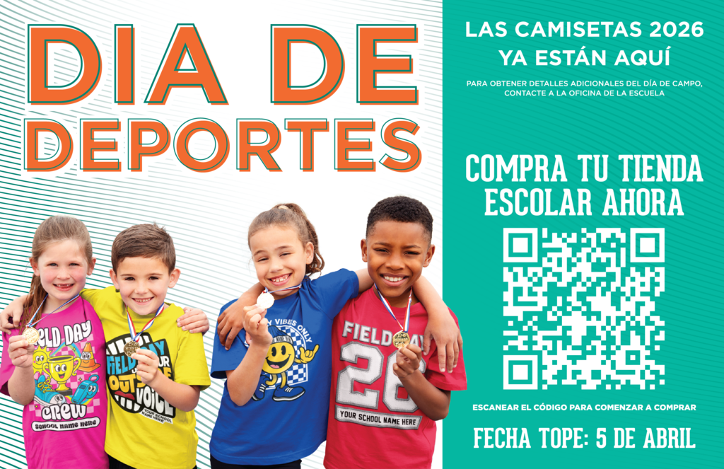 Four smiling children in matching sports shirts with medals around their necks. Text reads "Dia de Deportes" and "Fecha Tope: 5 de Abril" with a QR code.