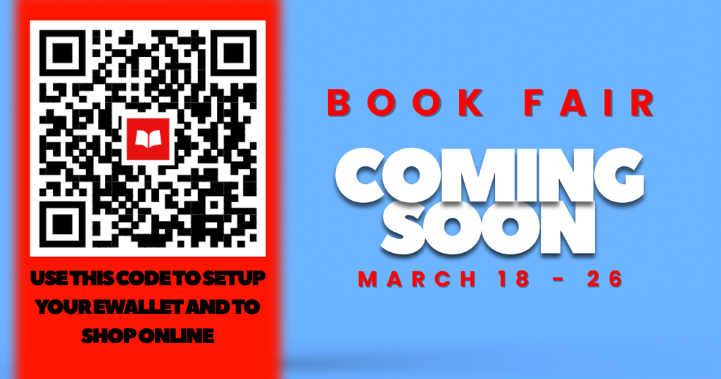 A blue and red poster with a QR code. Text reads "Book Fair Coming Soon March 18-26".