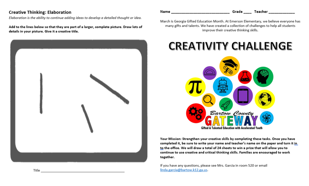 March is Gifted Education Month! We believe everyone has many gifts and talents. Here is a collection of challenges for all students to improve their critical thinking skills. Students received these sheets last week. Once complete, put your name and your teacher's name on the paper and turn it into the office. Twenty-four ransom sheets will be drawn to win a prize! Completed challenges are due March 30th.