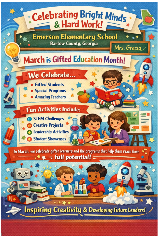 March is Gifted Education Month! We believe everyone has many gifts and talents. Here is a collection of challenges for all students to improve their critical thinking skills. Students received these sheets last week. Once complete, put your name and your teacher's name on the paper and turn it into the office. Twenty-four ransom sheets will be drawn to win a prize! Completed challenges are due March 30th.