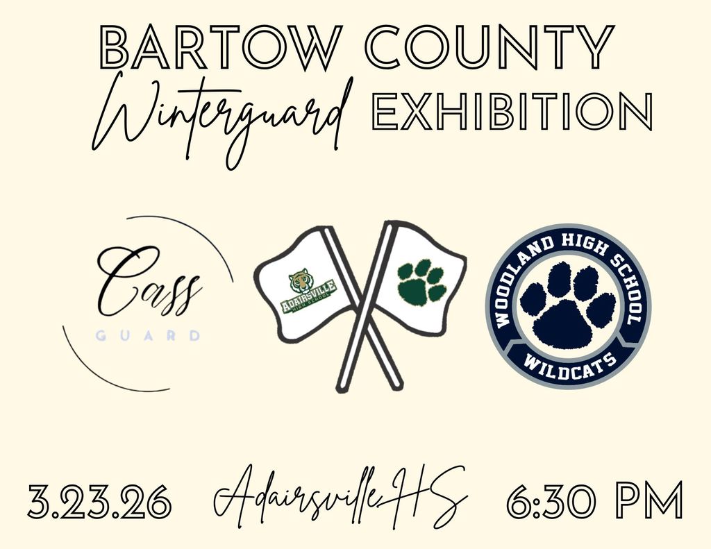Three logos for an event. First logo is circular, second is two flags, third is a paw print. Bartow County Winterguard Exhibition at Adairsville High School March 23 at 6:30.