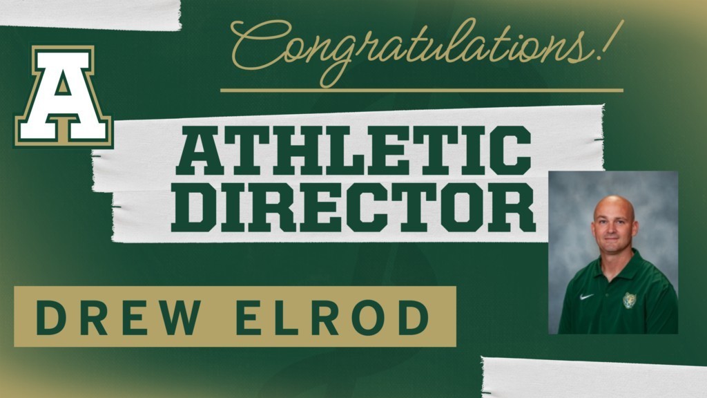 A green background features "Congratulations!" in gold script with "A Athletic Director" and a man's photo.