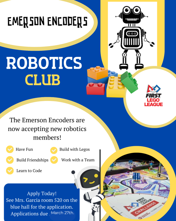 Don’t forget robotics club applications are due Friday March 27th. No late applications will be accepted.
