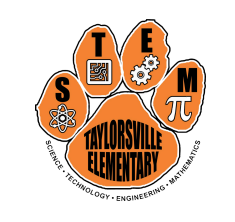 Orange paw print logo for Taylorsville Elementary. Words: Technology, Engineering, Mathematics, Science. Icons: Circuit, gear, atom, pi.