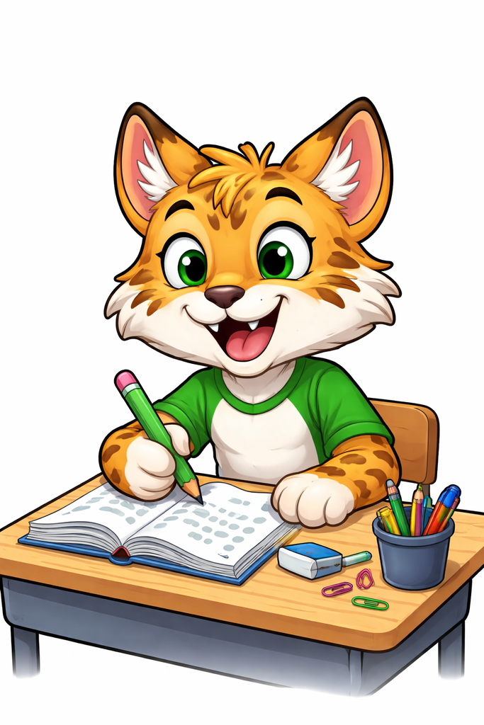 A cat sits at a desk, holding a pencil and smiling, with a book and various school supplies in front.