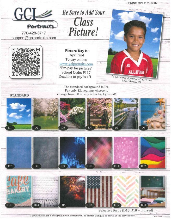 🌸📸 Spring Picture Day is Coming! 📸🌸  Mark your calendars for April 2nd!  We will be taking class photos as well as pre-pay individual spring pictures. Make sure your student is dressed and ready to smile big! 😁  More information and order forms will be sent home soon. Stay tuned!