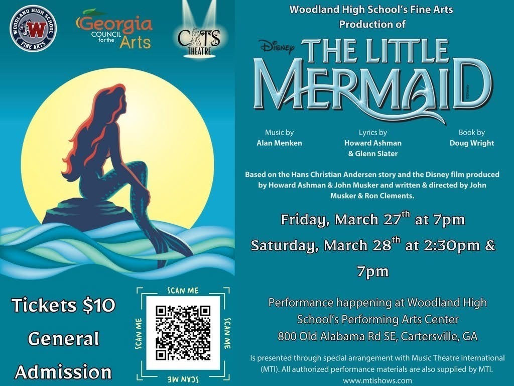 Poster for "The Little Mermaid" with mermaid on rock, moon in background, QR code, ticket prices, and performance dates.