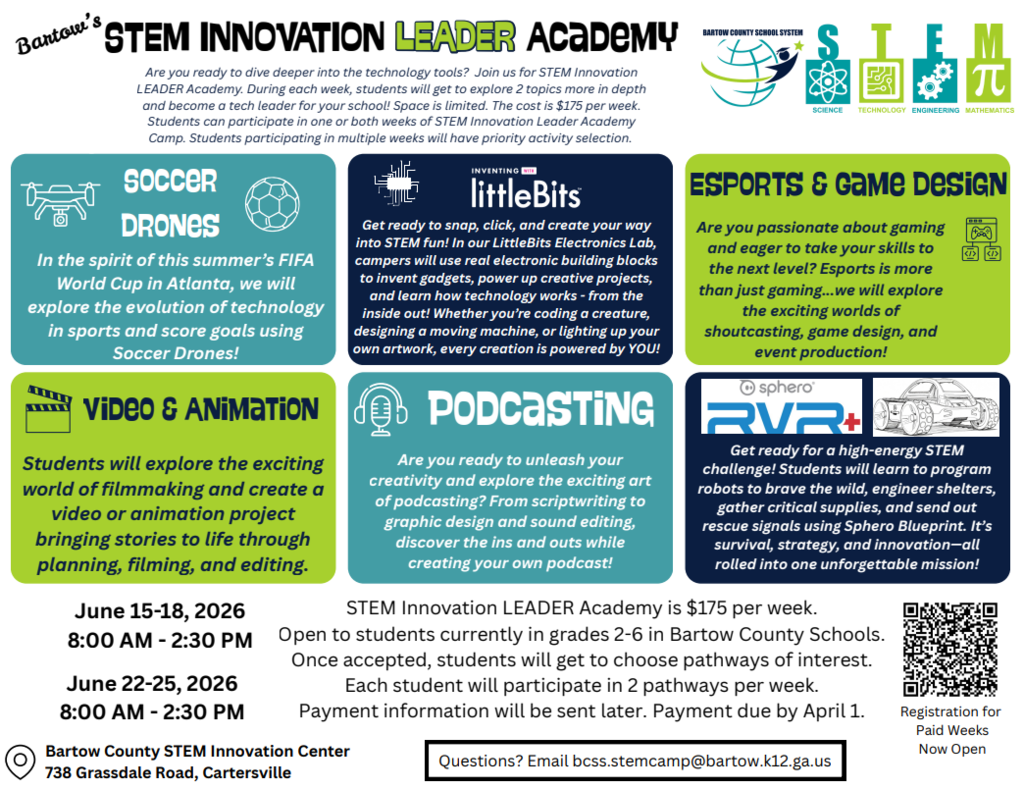 The BCSS STEM Innovation Leader Academy registration has only a few slots left! Each year our amazingly talented STEM Camp teachers give our students innovative opportunities to learn and experience exciting standards-based activities. Sign-up today to reserve your child's spot!