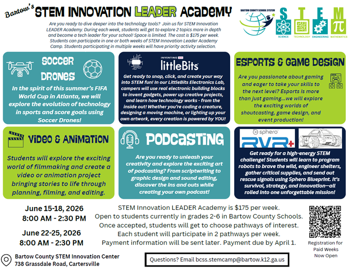 stem camp flyer and options for activities for this summer at bccca june 2026