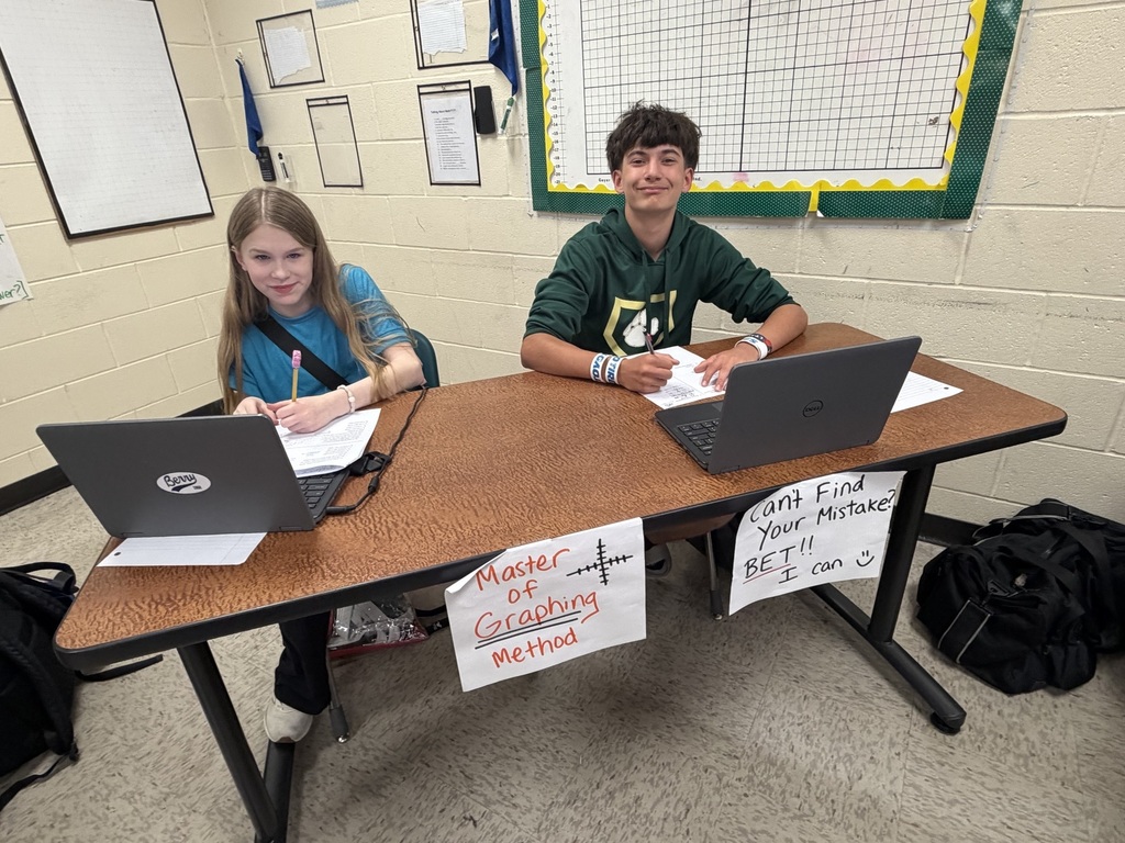 Two students sit at a desk with laptops, holding pens. White signs with "Master of Graphing Method" are on the table. A whiteboard and bulletin board are in the background.