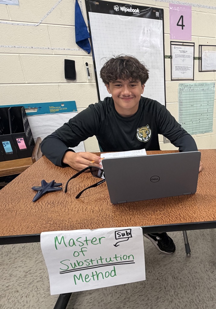 A boy sits at a table with a laptop and a sign that reads "Master of Substitution Method."