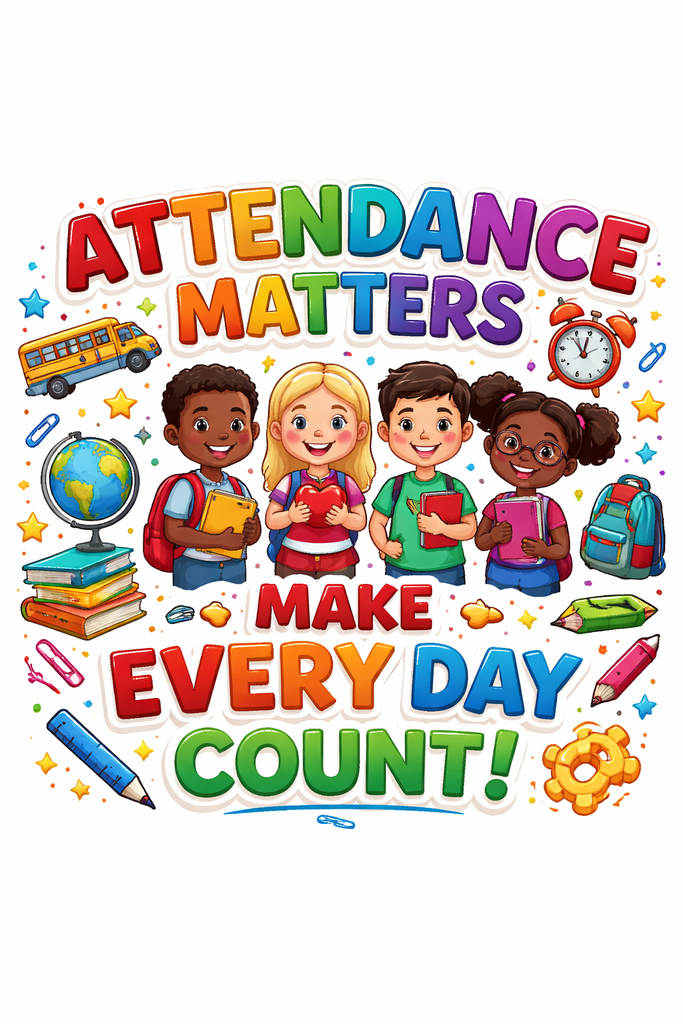 Cartoon image of children holding books and text saying "Attendance Matters, Make Every Day Count!" with school items like a backpack and a pencil.