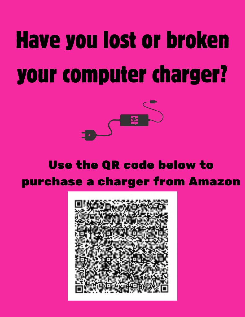 Pink background with a question and QR code. The text reads, "Have you lost or broken your computer charger?"