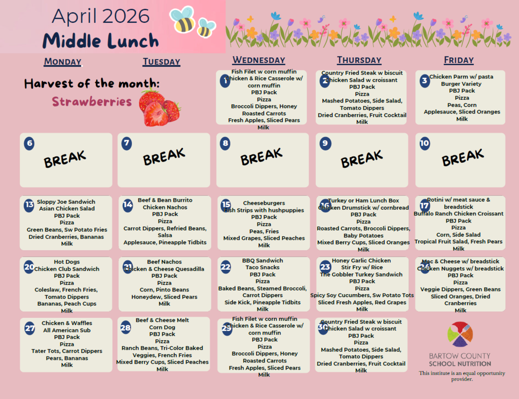April 2026 Middle Lunch Menu