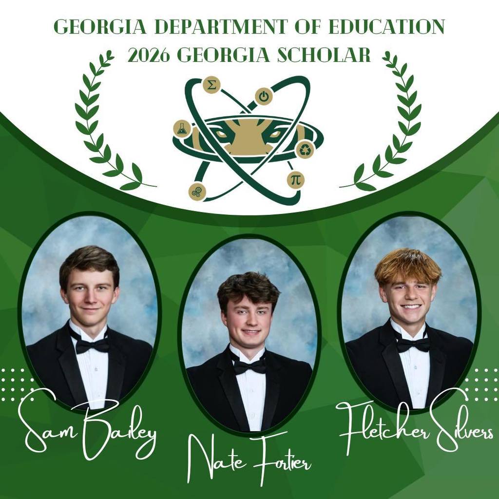 Three young men in formal wear, arranged on a green background, with a scientific emblem and text.