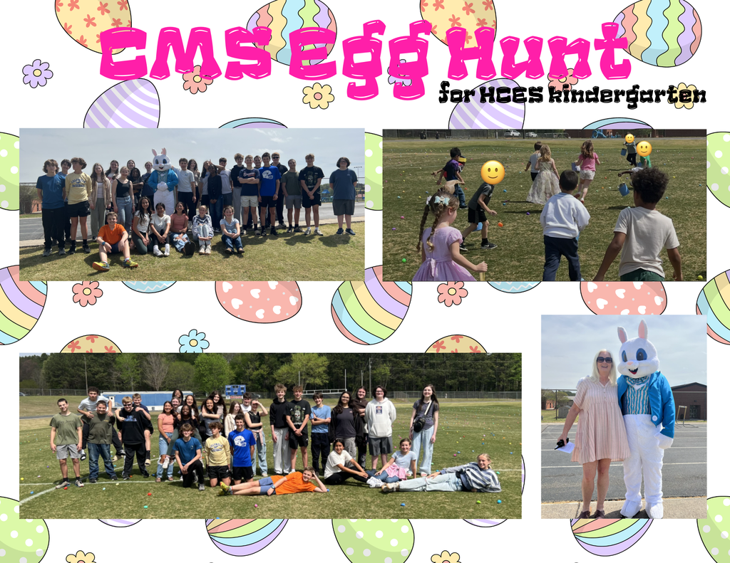 Collage of children engaged in an Easter egg hunt.  Bright and colorful background. Words at the top of the screen read CMS Egg Hunt for HCES kindergarteners