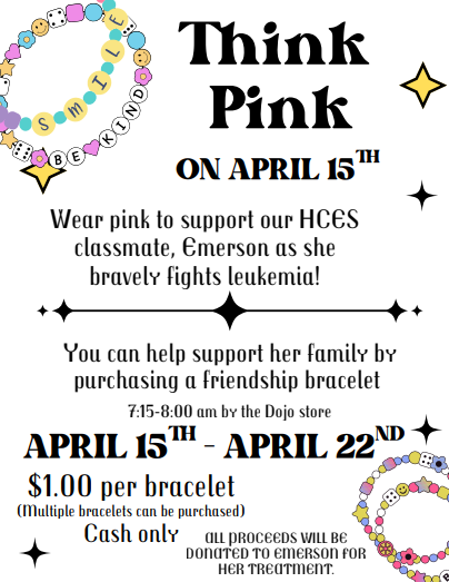 An announcement poster with the title "Think Pink" and a message about supporting a classmate, Emerson.
