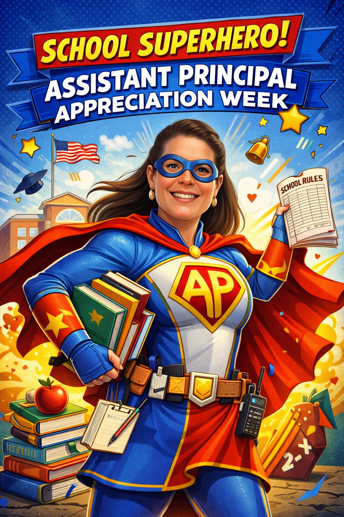 Graphic of Dr. Payne in superhero costume with Assistant Principal on her chest. She holds books, a walkie-talkie, and a list of school rules.