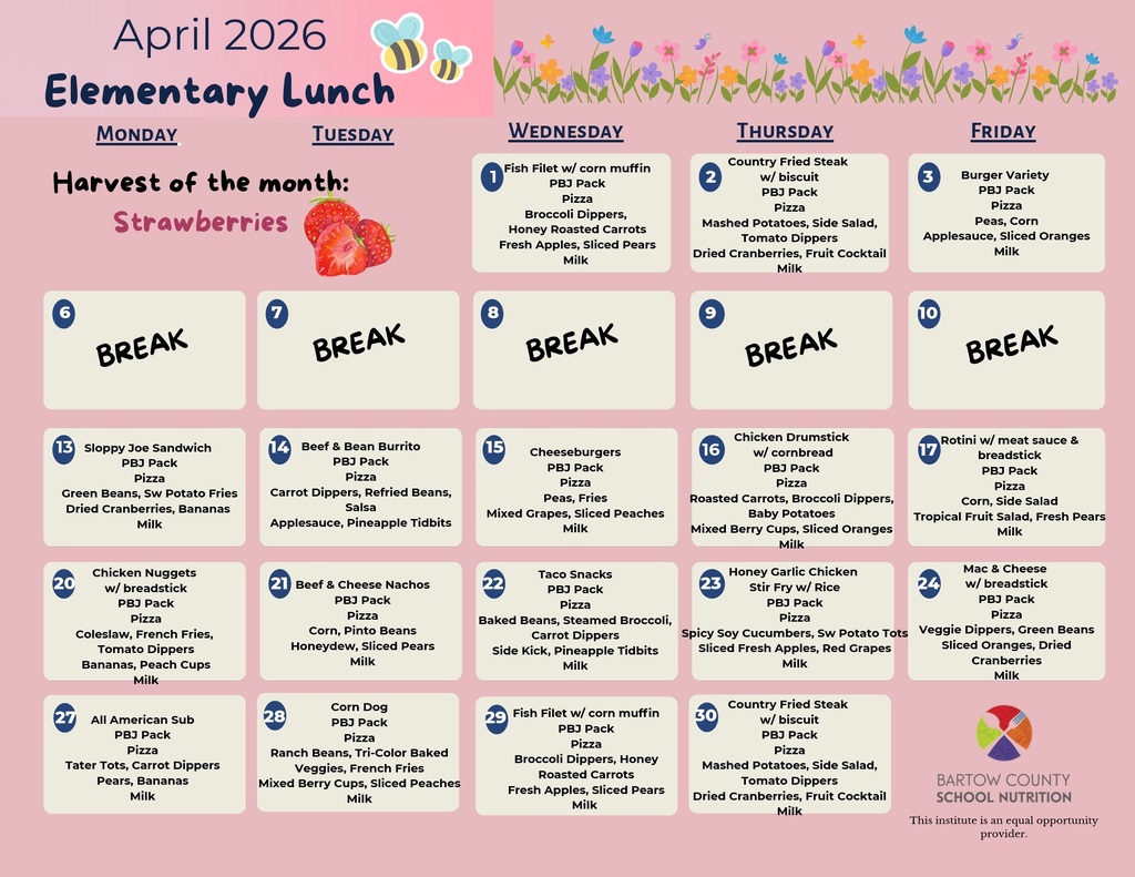 A pink menu with flower decorations shows an elementary lunch menu for April 2026, highlighting "Strawberries" as the harvest of the month.