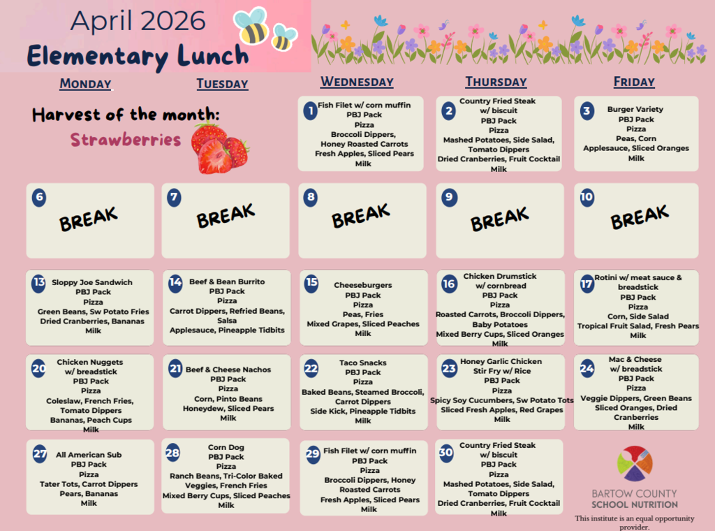 A pink table displays a meal schedule for April 2026. It includes menu items and the phrase "Harvest of the month: Strawberries".