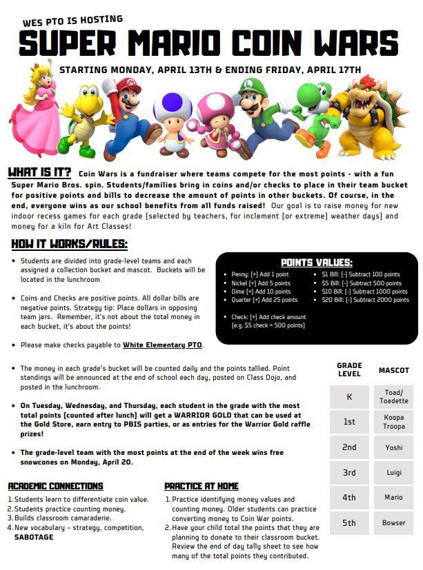 Flyer for Super Mario Coin Wars with event dates, rules, and mascots for each grade. Background is white.