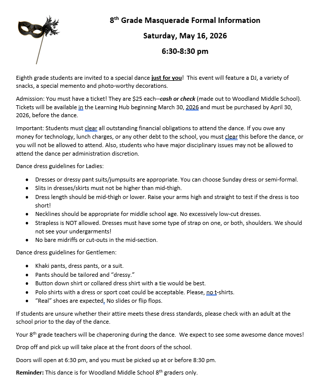 Event notice for 8th grade students with guidelines on dress, attendance, and payment for a masquerade dance.