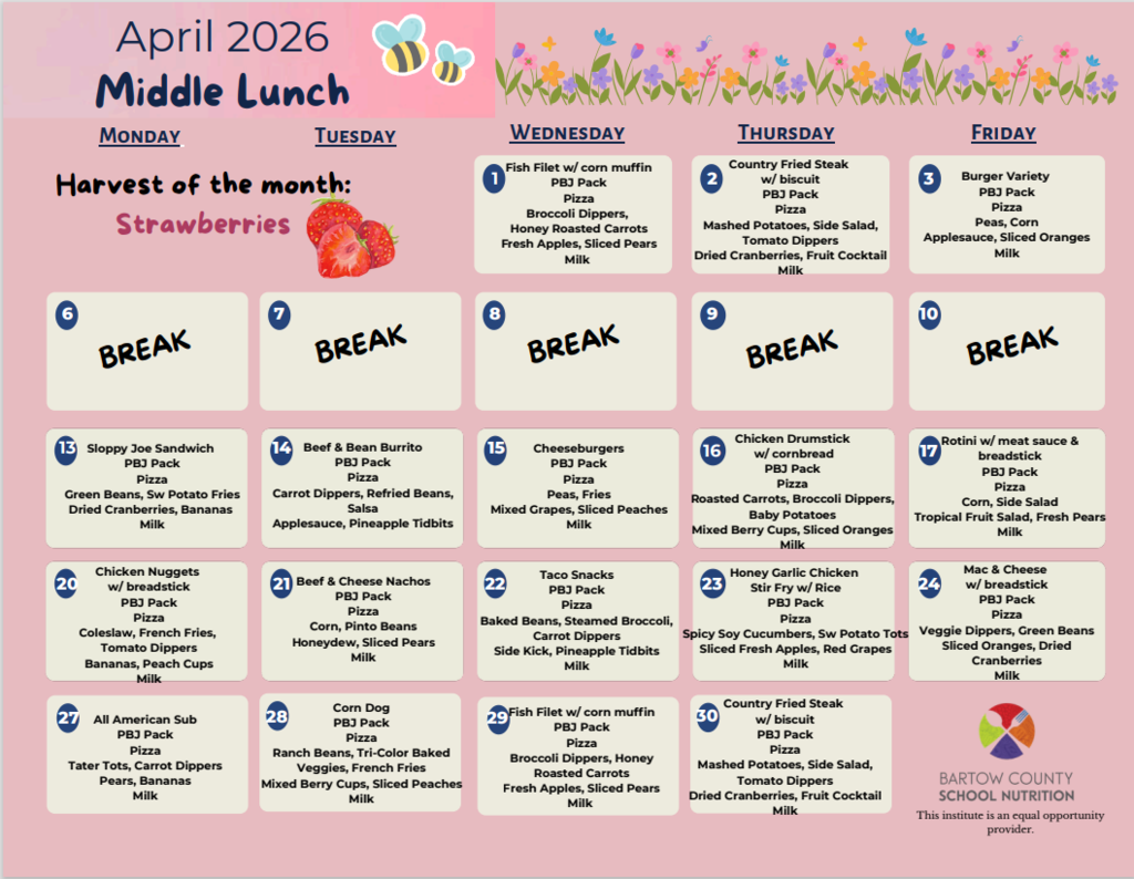 A pink menu features text and icons for the "April 2026 Middle Lunch" menu, listing daily food items. Strawberries are highlighted at the top.