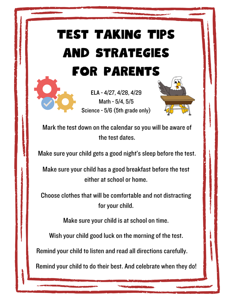 Document with a red border displays "Test Taking Tips and Strategies for Parents". Contains icons of a gear and bird. Text lists tips for parents to support their children.