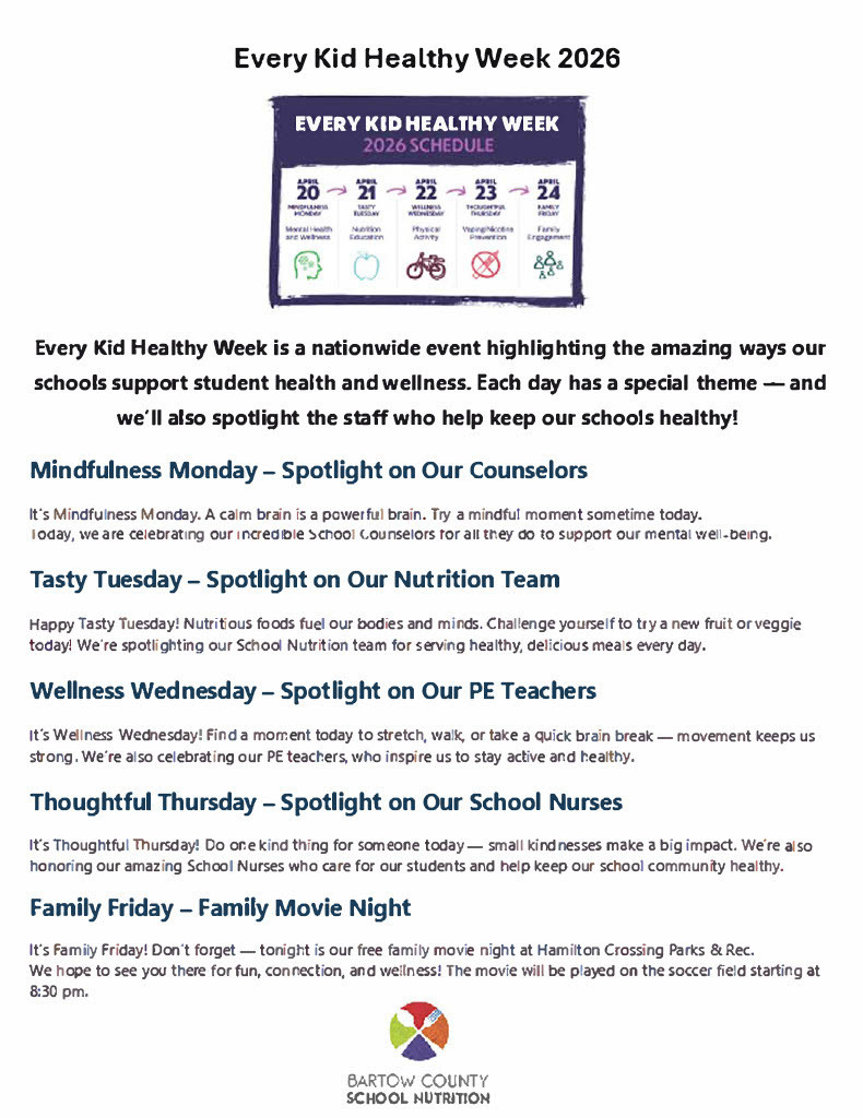A poster displays "Every Kid Healthy Week 2024 Schedule" with icons and text detailing weekly themes: Monday-Counselors, Tuesday-Nutrition, Wednesday-PE Teachers, Thursday-School Nurses, and Friday-Family.