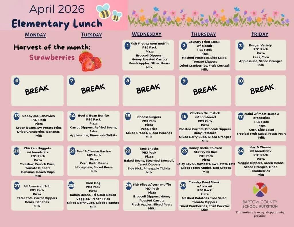 April 2026 elementary lunch calendar displaying daily school lunch menus for each weekday, including breakfast items, main entrees, sides, milk options, and designated school break days, with strawberries highlighted as the harvest of the month.