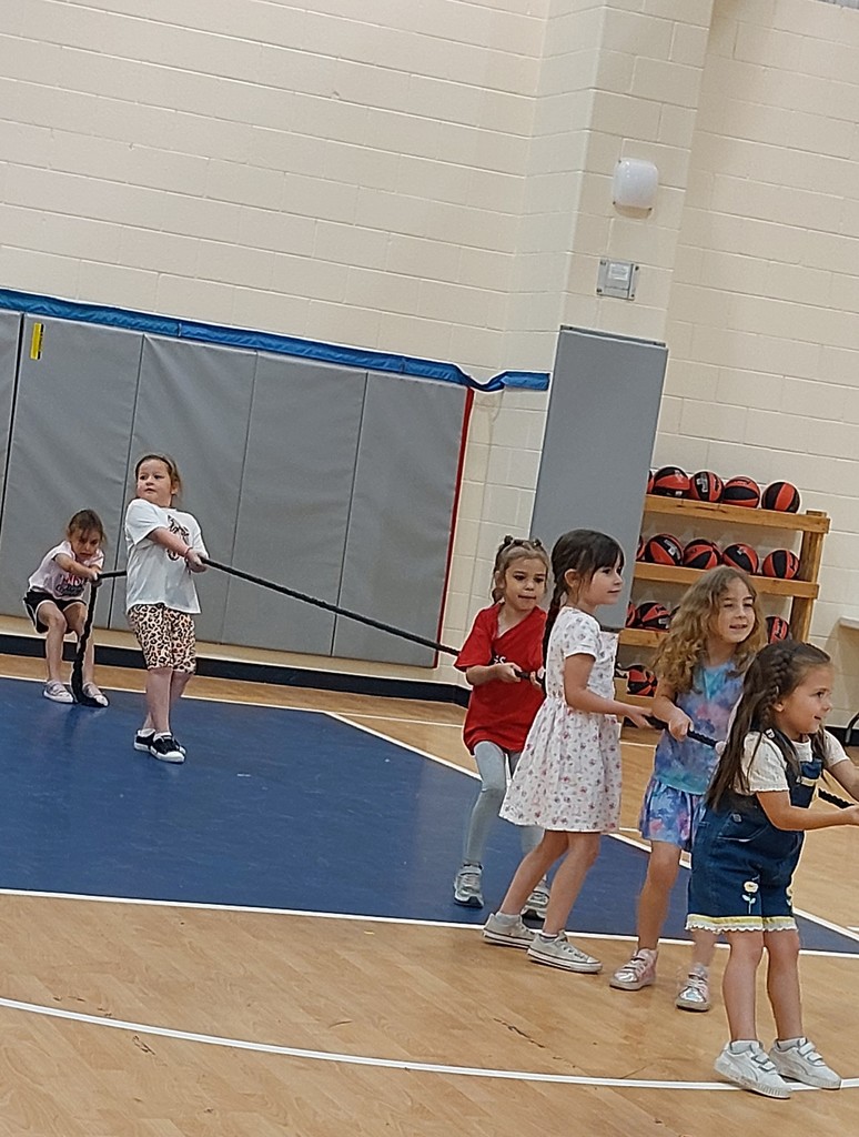 Multiple young girls in various colored clothing play tug of war on a blue gym floor.