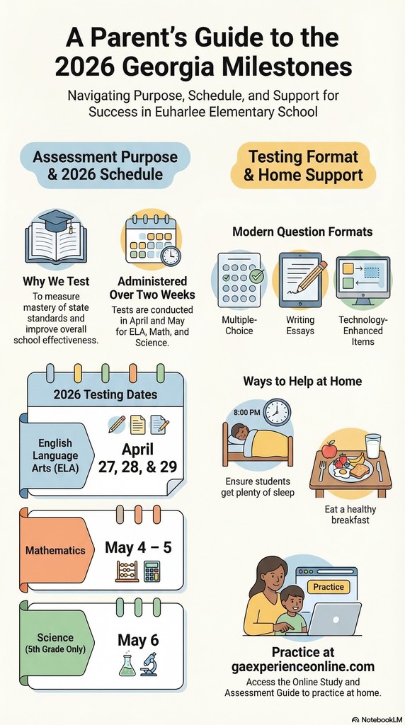 Parent's Guide to the Georgia Milestones Assessment. The infographic will draw from the sources to highlight: The purpose of the assessment, such as measuring student mastery of state standards and school effectiveness . Key testing dates for 2026, including English Language Arts (April 27–29), Mathematics (May 4–5), and Science for 5th grade (May 6) . The types of questions students will encounter, ranging from multiple-choice to extended writing and technology-enhanced items like "drag and drop" . Practical "Ways to Help at Home," such as ensuring students get plenty of sleep, eat a healthy breakfast, and arrive at school on time . Links to online resources for practice, specifically gaexperienceonline.com
