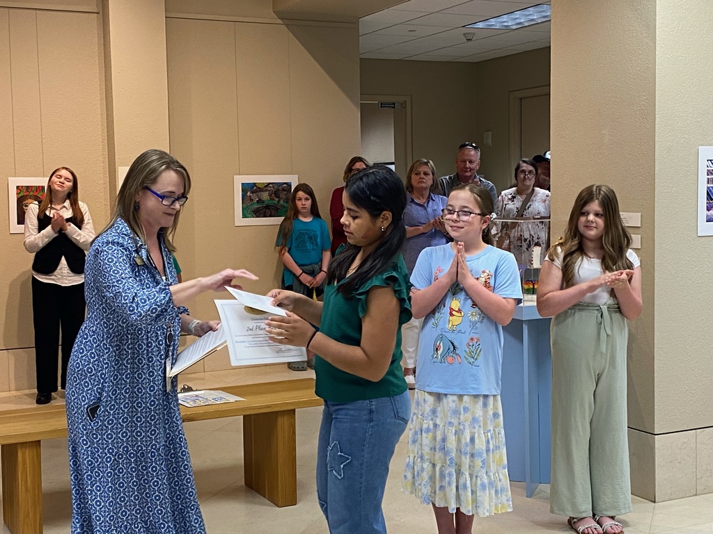 We are so proud of our Emerson artists! Every year, local primary and elementary schools select up to six works of art to be displayed at the Booth Museum. This year three students from EES brought home awards for their amazing art work!   Sam Joyner - 1st place/Purchase Award (Sam’s work was purchased by the Booth, and will remain on permanent display in the Student Gallery.)   Genesis Mendoza - 2nd place   Camille McAllister - Honorable Mention   Also included in the show were pieces by Karsyn Pallone, Siri Cosma, Ivy McDurmon, and Sofia Vasquez Portillo.   Congrats to all of these talented artists!