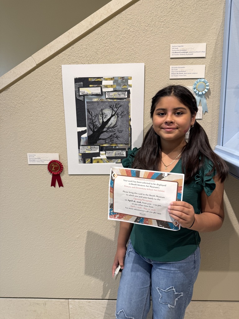 We are so proud of our Emerson artists! Every year, local primary and elementary schools select up to six works of art to be displayed at the Booth Museum. This year three students from EES brought home awards for their amazing art work!   Sam Joyner - 1st place/Purchase Award (Sam’s work was purchased by the Booth, and will remain on permanent display in the Student Gallery.)   Genesis Mendoza - 2nd place   Camille McAllister - Honorable Mention   Also included in the show were pieces by Karsyn Pallone, Siri Cosma, Ivy McDurmon, and Sofia Vasquez Portillo.   Congrats to all of these talented artists!