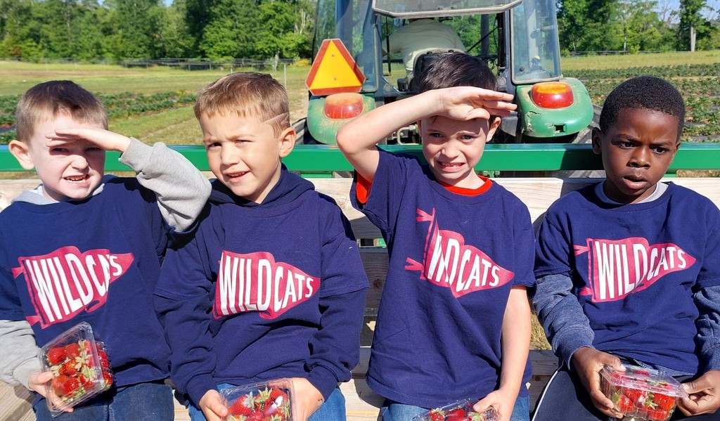 Four boys in blue shirts with Wildcats printed on them hold red berry containers in front of a tractor.