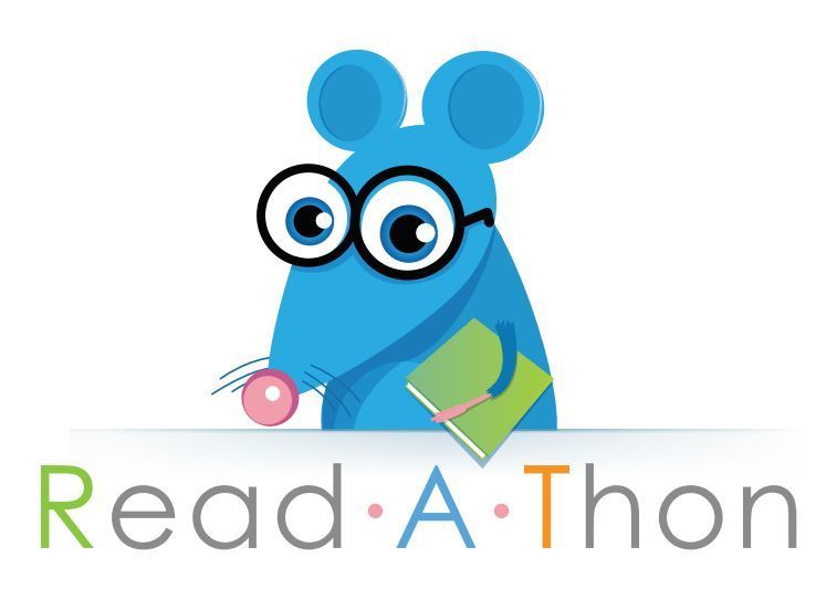 A blue mouse with glasses holds a book. Text below reads "Read AThon". White background.