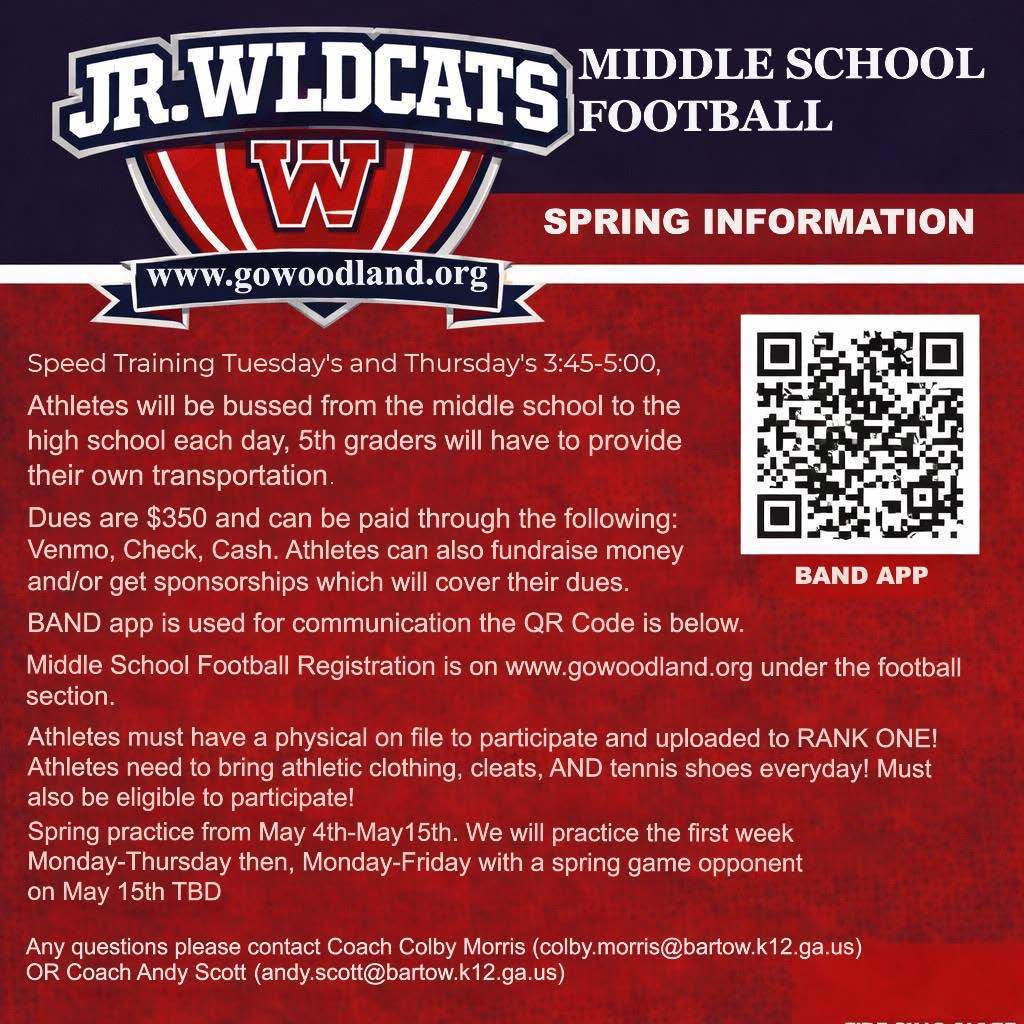 “Flyer titled ‘Jr. Wildcats Middle School Football – Spring Information.’ Announces spring football for middle school athletes. Speed training is Tuesdays and Thursdays from 3:45 to 5:00 p.m., with bussing from the middle school to the high school; fifth graders must provide their own transportation. Dues are $350, payable by Venmo, check, or cash, with fundraising options available. Registration is at gowoodland.org under football. Spring practice runs May 4–15, with a spring game on May 15 to be determined. Athletes must have a physical on file and required gear. QR code included for the BAND app for communication, plus contact information for two coaches.”
