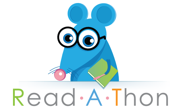 Blue mouse with glasses holding a book. Text reads "Read A.Thon" with green and orange letters.