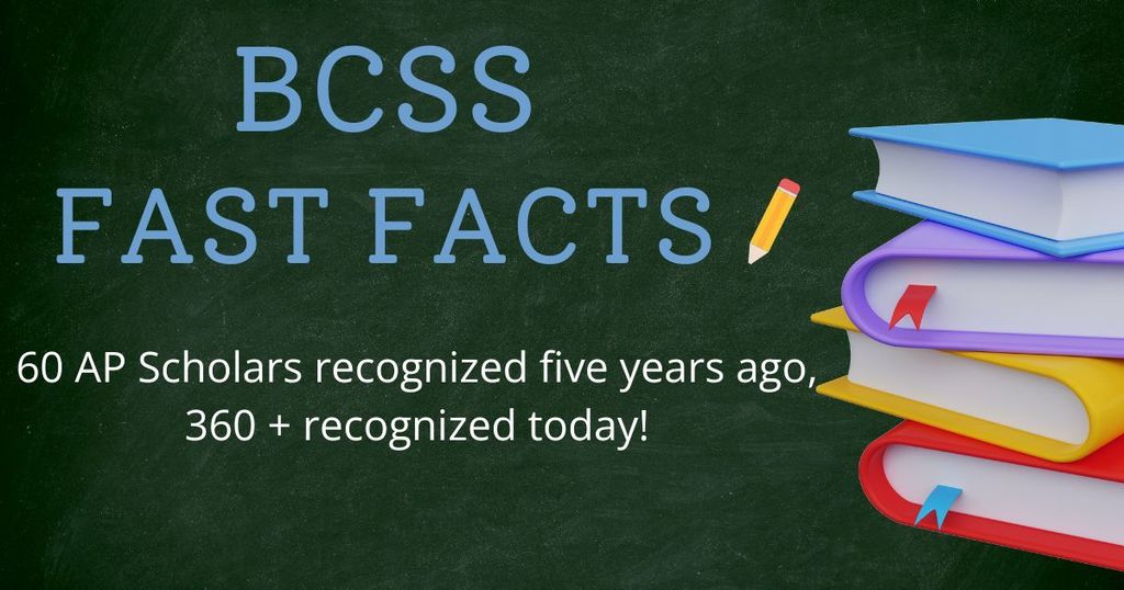 A blackboard displays "BCSS Fast Facts" above a stack of books, including a pencil. Text reads "60 AP Scholars five years ago, 360+ recognized today."