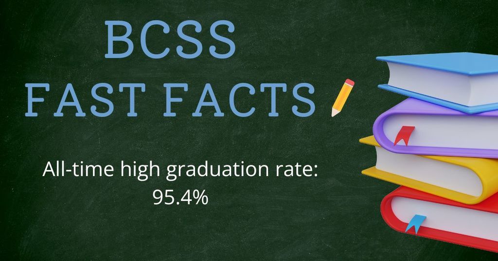 An infographic displays text "BCSS FAST FACTS" with a 95.4% graduation rate above a stack of books.