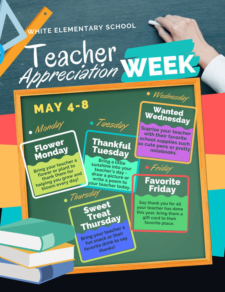 Poster with the heading "Teacher Appreciation Week" and a person writing on a board. Below are days and activities.