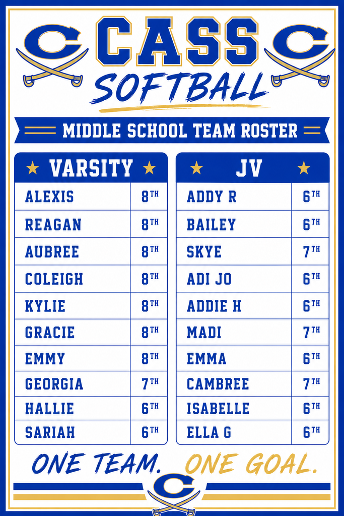 A roster of middle school softball teams in blue and white. Two teams: Varsity and JV. Each team has player names, grades, and stars. Varsity team: Alexis, Reagan, Aubree, Coleigh, Kylie, Gracie, Emmy, Georgia, Hallie, Sarah; JV team: Addy R, Bailey, Skye, Adi Jo, Addie H, Madi, Emma, Cambree, Isabelle, Ella G